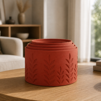AI productfoto van een nestbare kit van vijf mat terracottarode 3D-geprinte plantenpotten met tarwe- en bladrelief